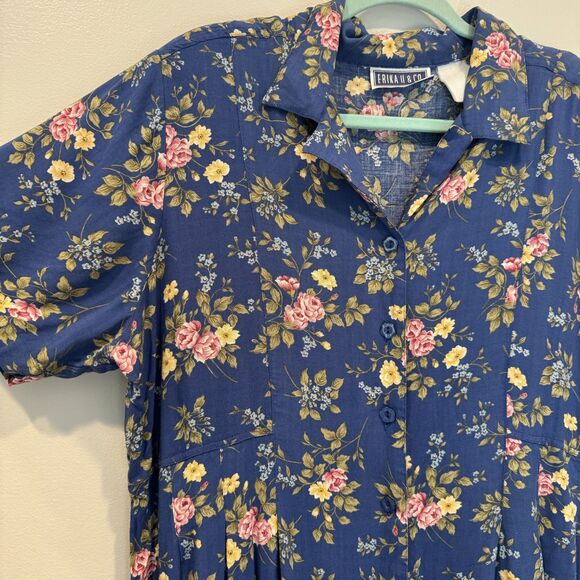 Vintage Floral Maxi Dress Button Down Blue Cottage Romantic Whimsical Women XL - Picture 3 of 9